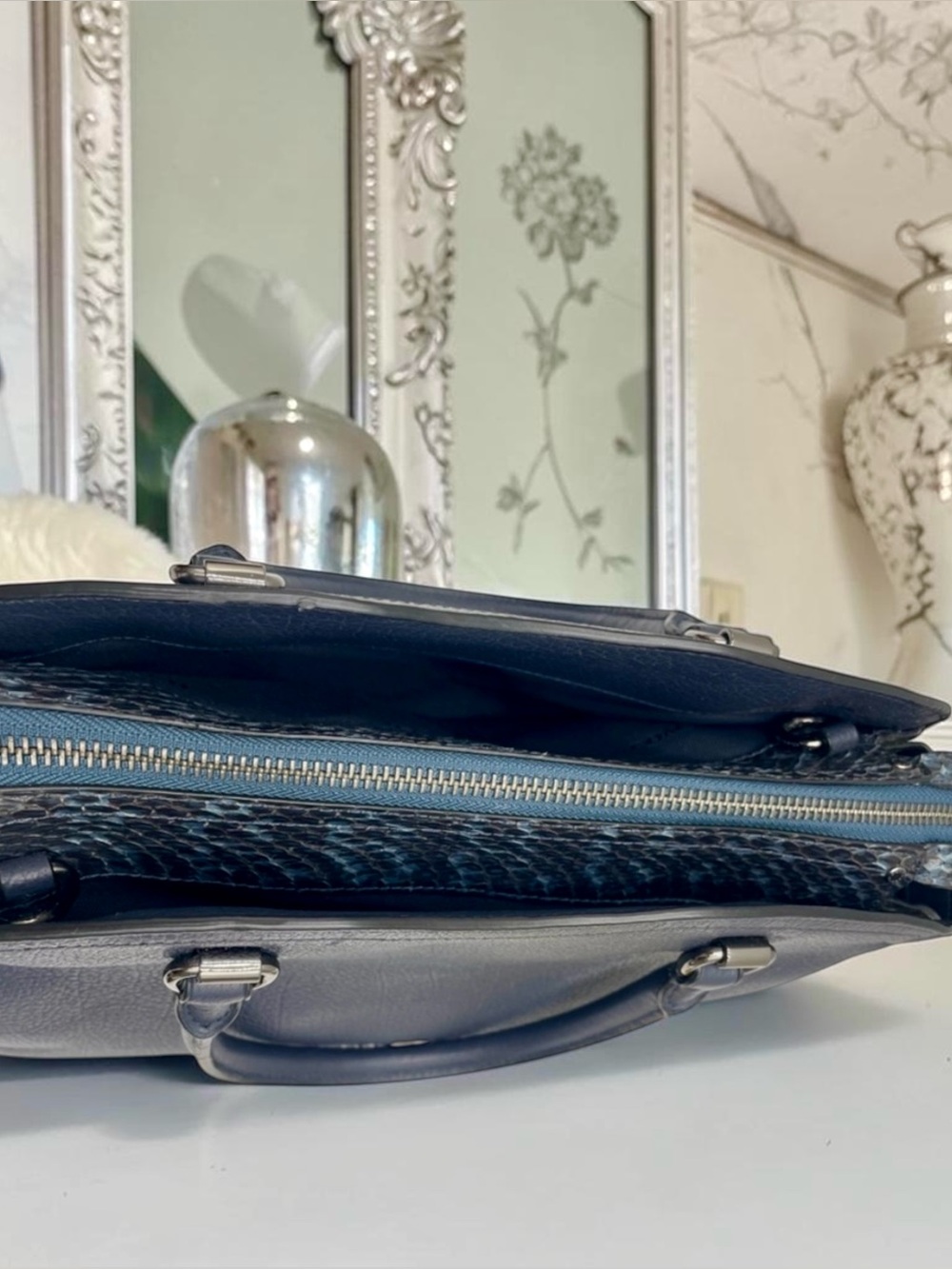 *SOLD* COACH Drew Satchel Navy Snakeskin Detail Top Handle Bag Crossbody - Picture 6 of 11